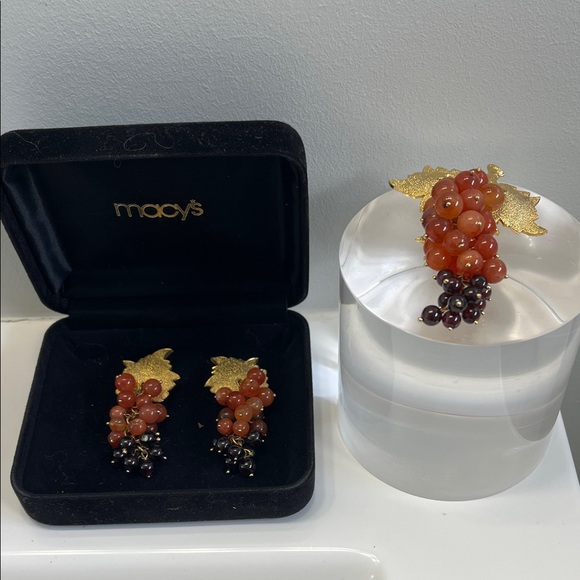 Macy's Jewelry - Macy's Gold and Red Cluster Brooch Set earrings and a brooch pin